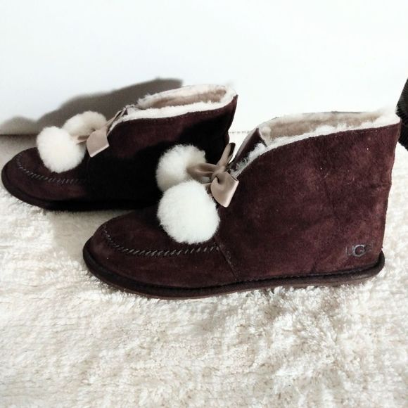 UGG Australia Kallen Suede Moc Toe Pom Pom Slippers  Size 5 Brown #1017541 - Picture 5 of 14
